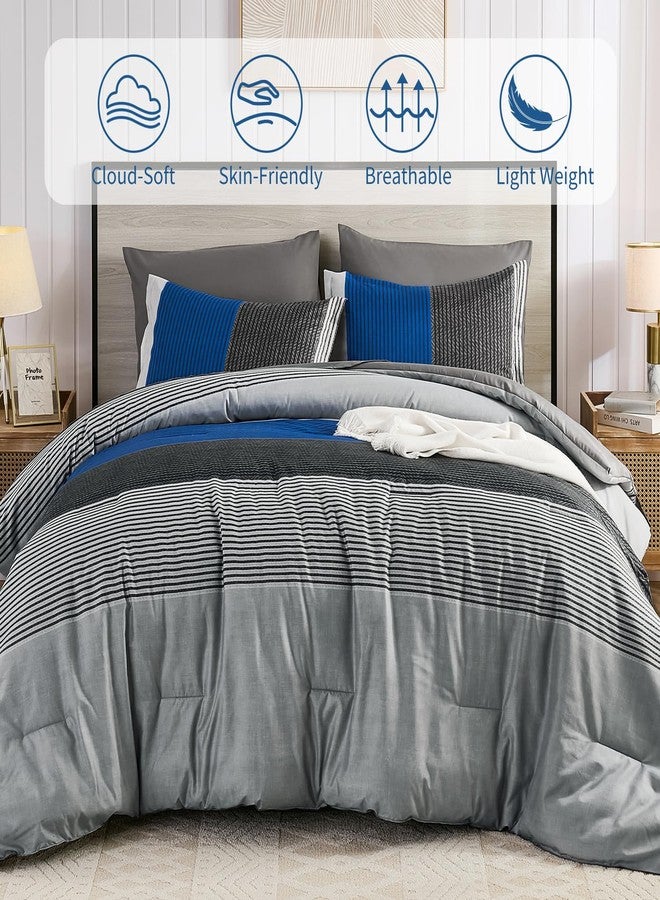 Anibedding طقم لحاف أنيبيدينج أزرق بحجم كوين، 7 قطع، أزرق ورمادي بنمط مرقع ومخطط، يأتي في حقيبة مع ملاءة وغطاء وسادة، مناسب لسرير كوين، مناسب لجميع الفصول. - Image 3